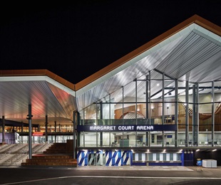 A dramatic roof profile of folded strength invests the project with a distinctive signature